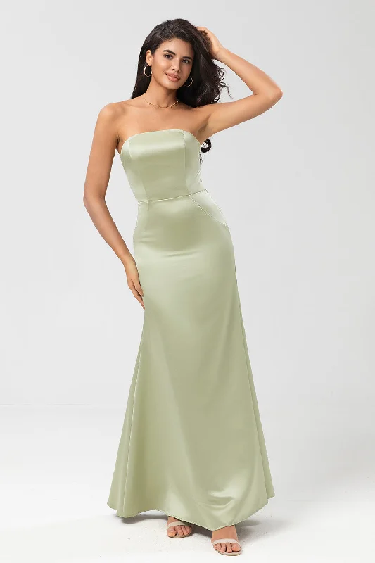 Strapless Satin Sheath Green Bridesmaid Dress