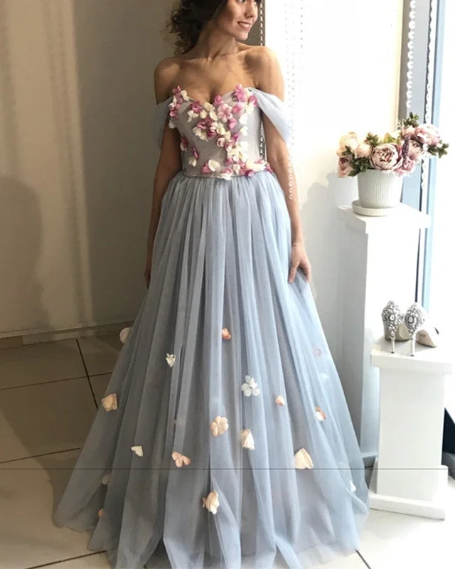 A-line Floral Flowers Sweetheart Tulle Floor Length Wedding Dress