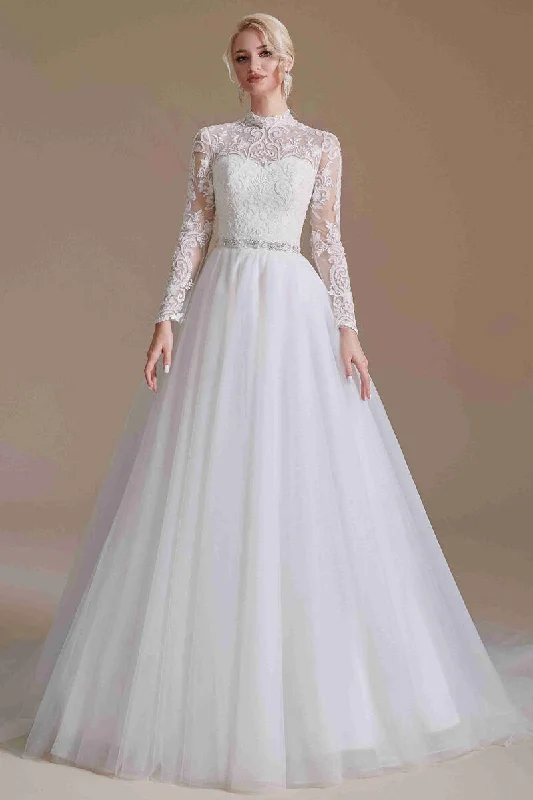 Illusion High Neck White Lace Wedding Dress with Long Sleeves