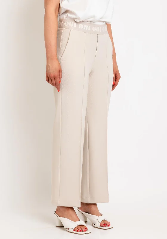 Oui Logo Waist Straight Leg Trousers, Beige