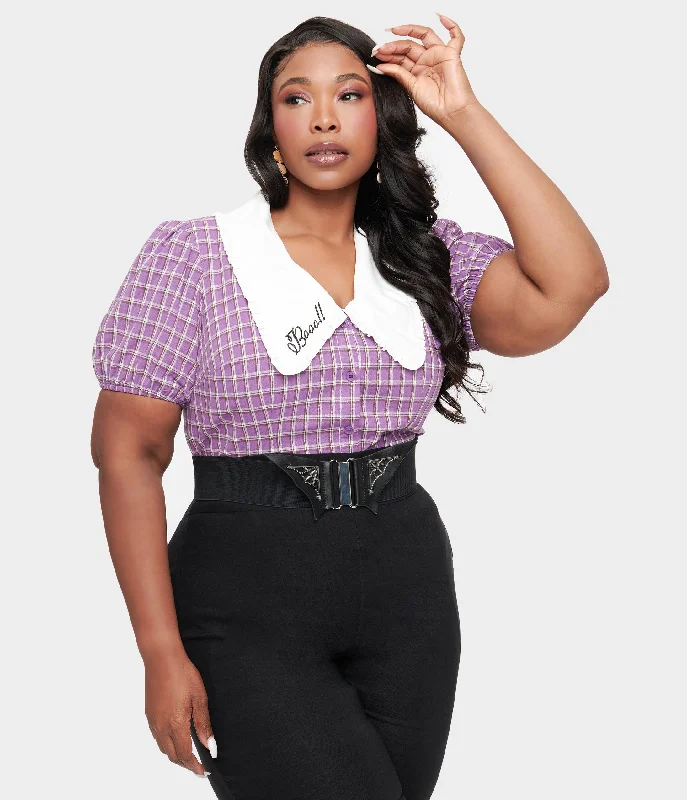 Unique Vintage Plus Size 1930s Purple Plaid Oversized Collar Blouse